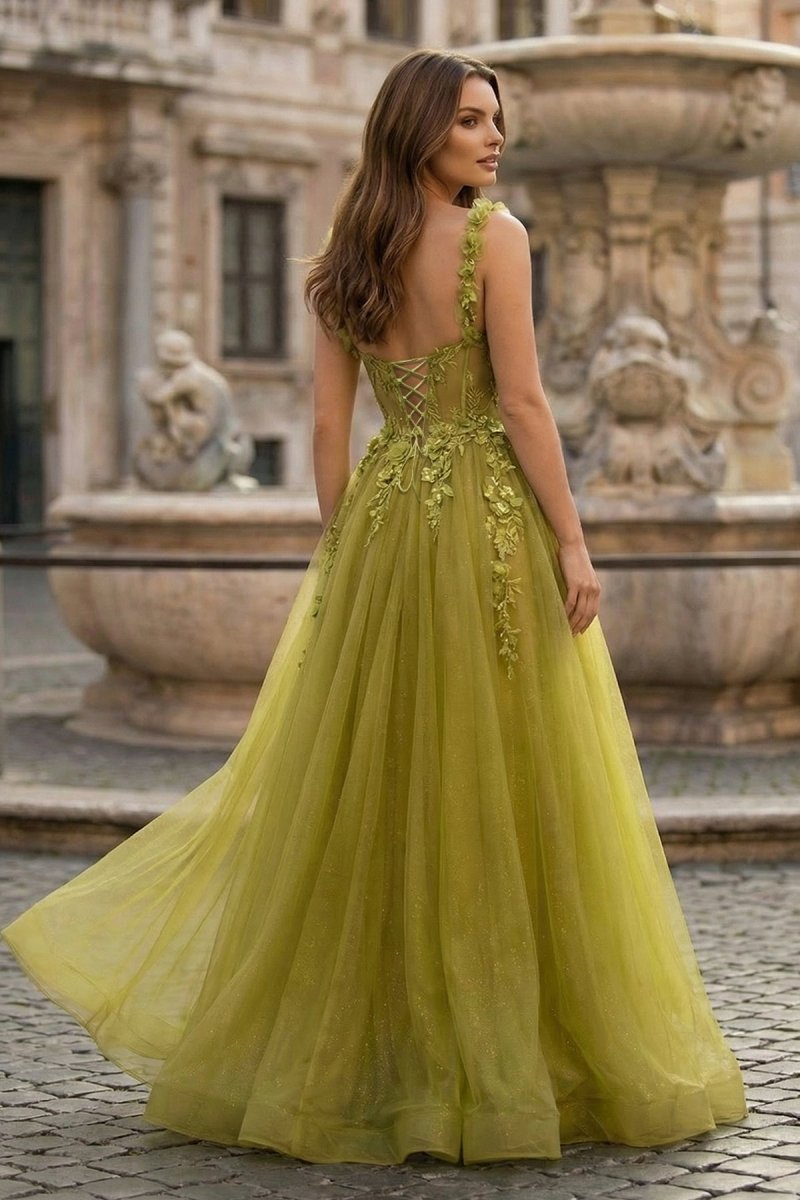 Faylina | A - Line Sage Sweetheart Tulle Long Prom Dresses with Lace Appliques - KissProm