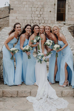 Sheath One Shoulder Light Blue Chiffon Slit Bridesmaid Dress - KissProm