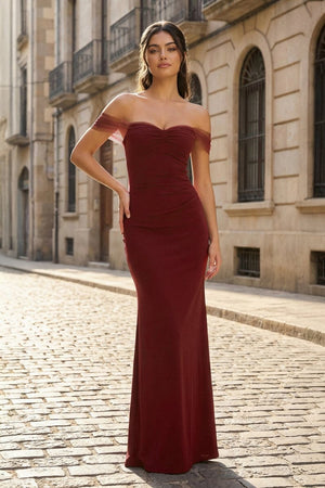 Burgundy Off The Shoulder Mermaid Satin Long Formal Prom Dresses - KissProm