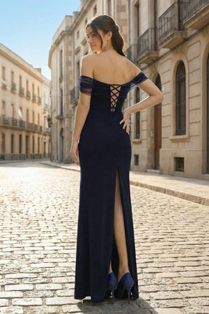 Burgundy Off The Shoulder Mermaid Satin Long Formal Prom Dresses - KissProm
