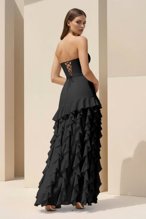 Pink Sheath Strapless Chiffon Long Prom Dresses With Ruffles – Prom Dresses by KissProm | Available at KissProm