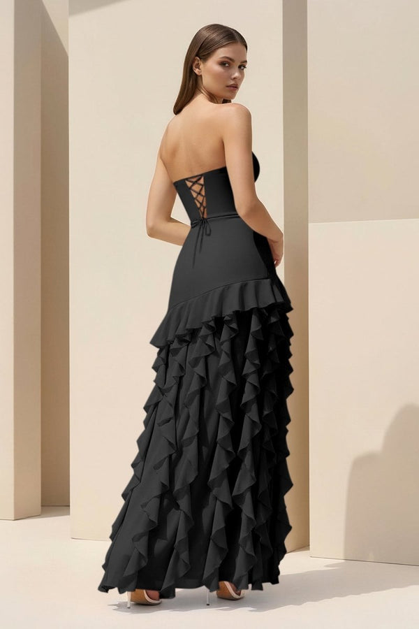 Pink Sheath Strapless Chiffon Long Prom Dresses With Ruffles – Prom Dresses by KissProm | Available at KissProm