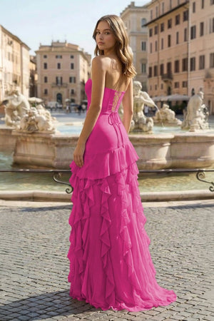 Pink Sheath Strapless Chiffon Long Prom Dresses With Ruffles – Prom Dresses by KissProm | Available at KissProm