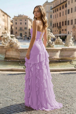 Pink Sheath Strapless Chiffon Long Prom Dresses With Ruffles – Prom Dresses by KissProm | Available at KissProm