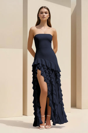 Pink Sheath Strapless Chiffon Long Prom Dresses With Ruffles – Prom Dresses by KissProm | Available at KissProm
