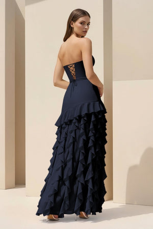 Pink Sheath Strapless Chiffon Long Prom Dresses With Ruffles – Prom Dresses by KissProm | Available at KissProm