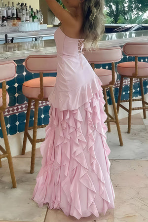 Pink Sheath Strapless Chiffon Long Prom Dresses With Ruffles – Prom Dresses by KissProm | Available at KissProm