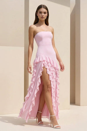 Pink Sheath Strapless Chiffon Long Prom Dresses With Ruffles – Prom Dresses by KissProm | Available at KissProm