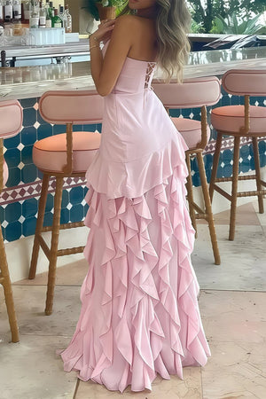 Pink Sheath Strapless Chiffon Long Prom Dresses With Ruffles – Prom Dresses by KissProm | Available at KissProm
