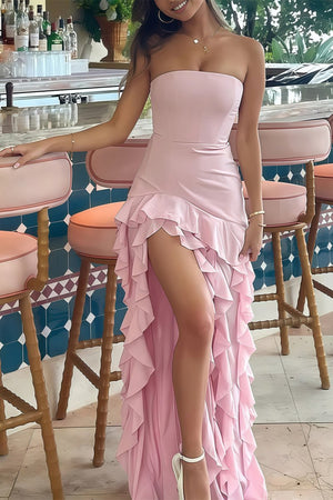 Pink Sheath Strapless Chiffon Long Prom Dresses With Ruffles – Prom Dresses by KissProm | Available at KissProm