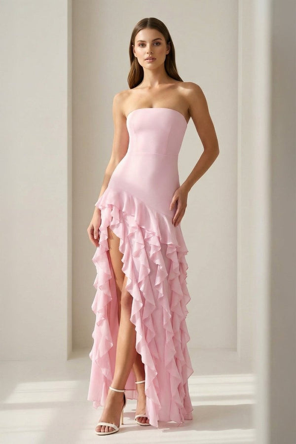 Pink Sheath Strapless Chiffon Long Prom Dresses With Ruffles – Prom Dresses by KissProm | Available at KissProm