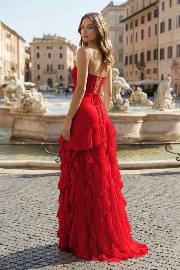 Pink Sheath Strapless Chiffon Long Prom Dresses With Ruffles – Prom Dresses by KissProm | Available at KissProm