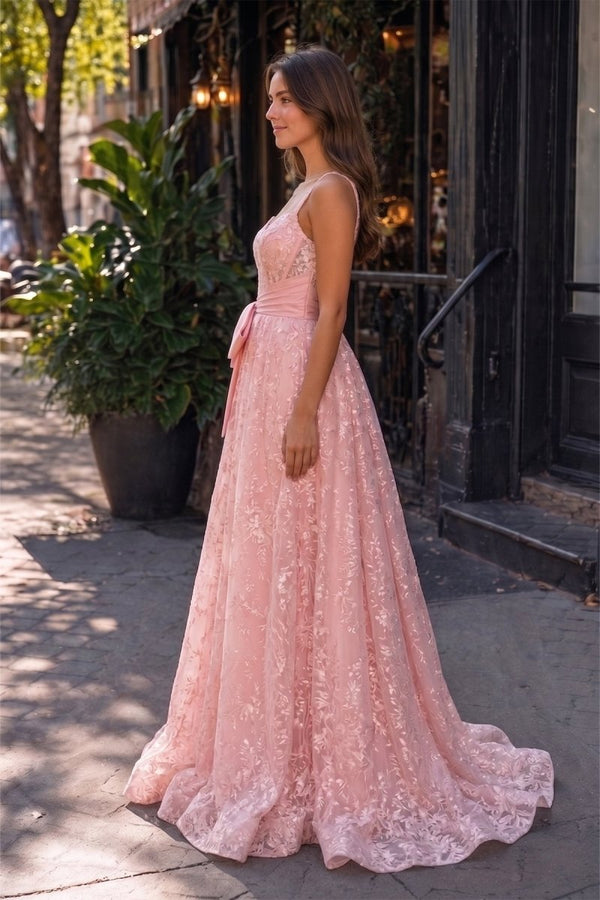 Pink Spaghetti Straps A Line Sequined Lace Long Prom Dresses With Bow - KissProm