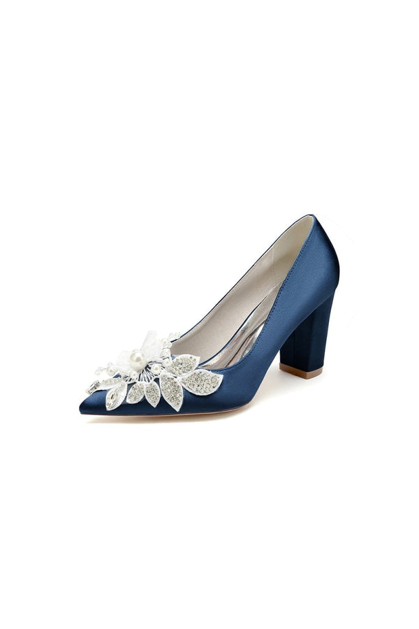 Floral Beaded Pointed Toe Chunky Heel - KissProm