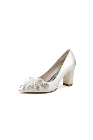 Floral Beaded Pointed Toe Chunky Heel - KissProm