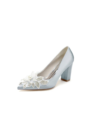 Floral Beaded Pointed Toe Chunky Heel - KissProm