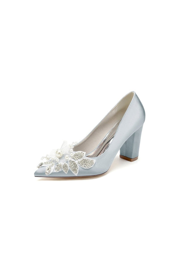 Floral Beaded Pointed Toe Chunky Heel - KissProm