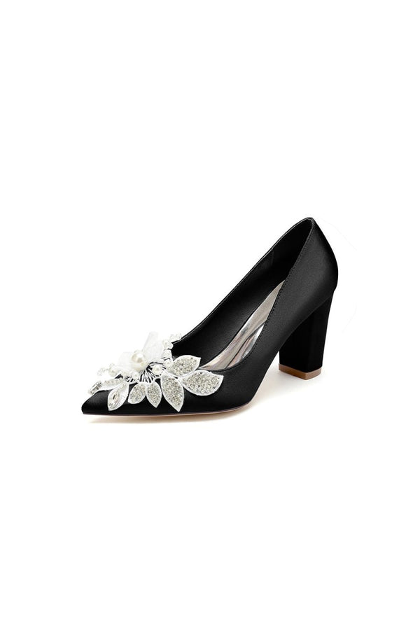 Floral Beaded Pointed Toe Chunky Heel - KissProm