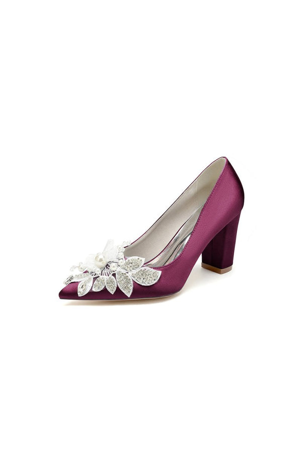 Floral Beaded Pointed Toe Chunky Heel - KissProm