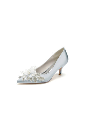 Floral Beading Pointed Toe Satin Kitten Heels - KissProm