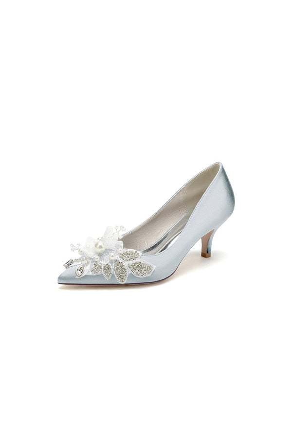 Floral Beading Pointed Toe Satin Kitten Heels - KissProm