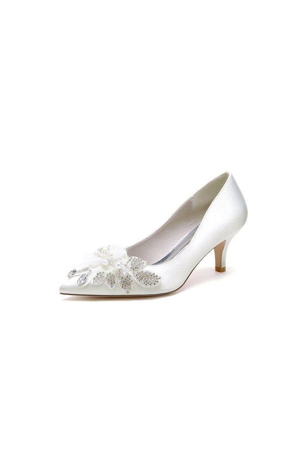 Floral Beading Pointed Toe Satin Kitten Heels - KissProm