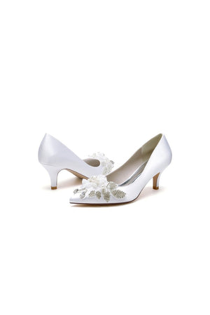 Floral Beading Pointed Toe Satin Kitten Heels - KissProm