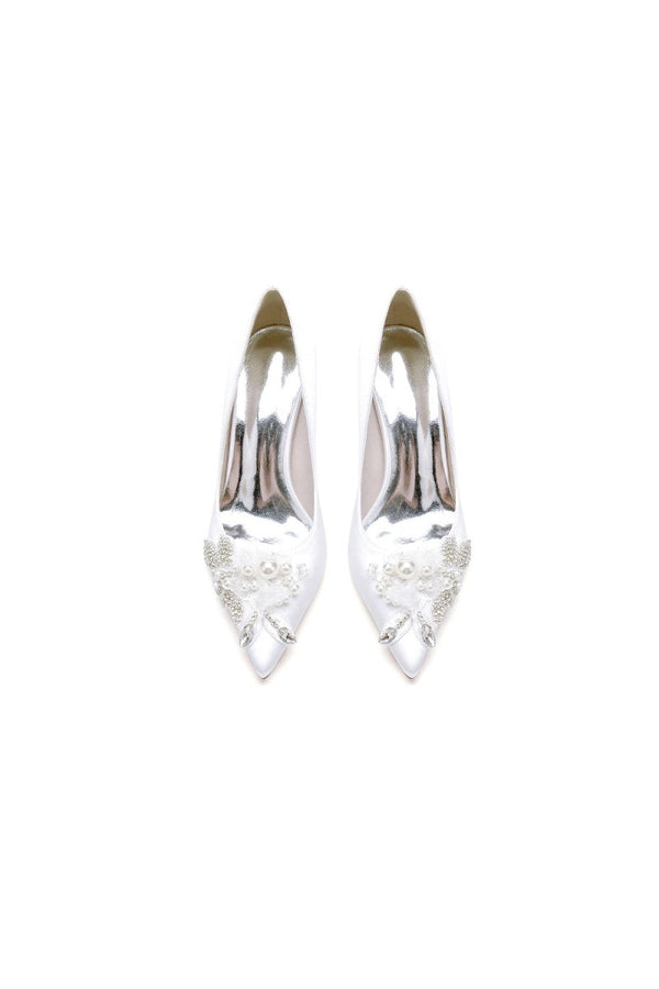 Floral Beading Pointed Toe Satin Kitten Heels - KissProm