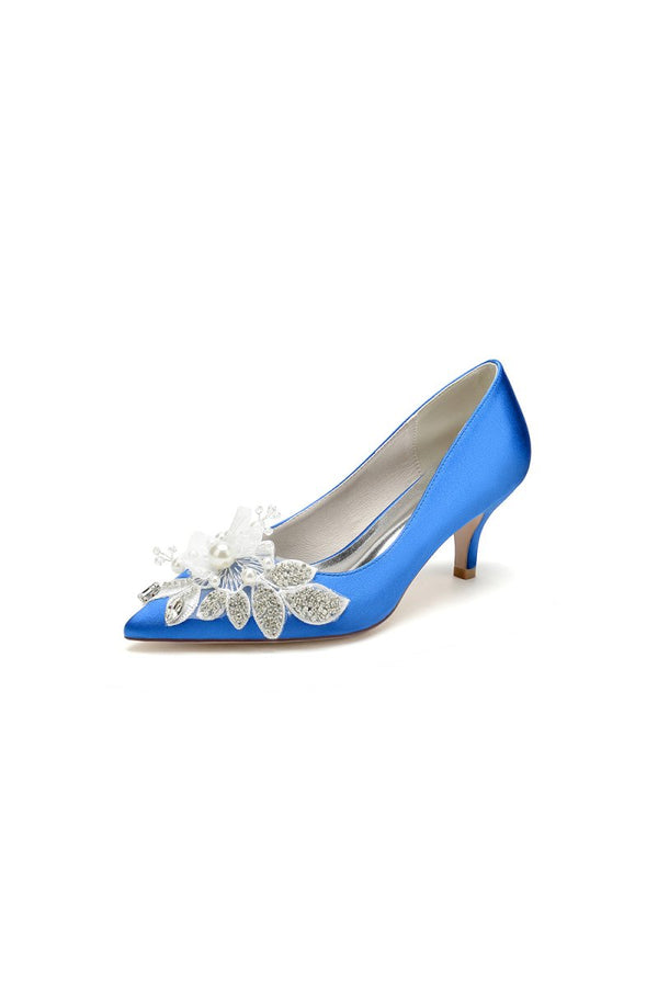 Floral Beading Pointed Toe Satin Kitten Heels - KissProm