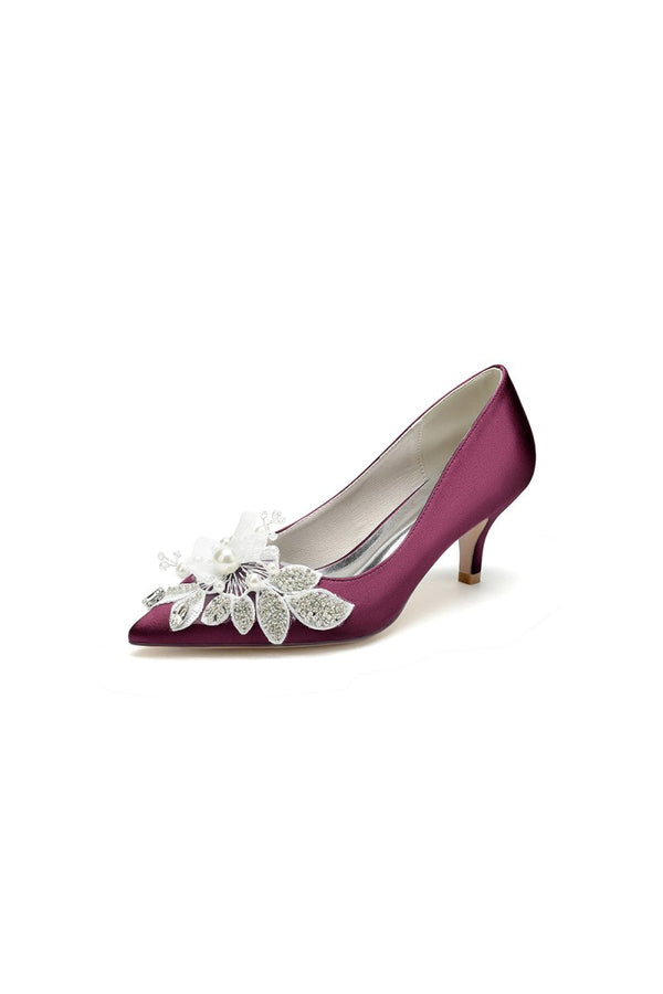 Floral Beading Pointed Toe Satin Kitten Heels - KissProm