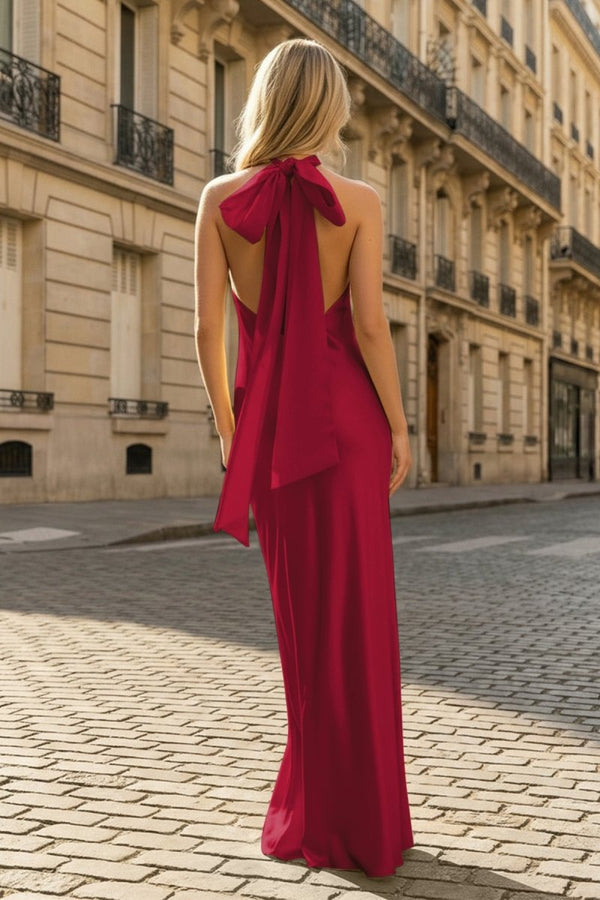 Yellow Halter Sheath Satin Backless Long Prom Dresses – Prom Dresses by KissProm | Available at KissProm