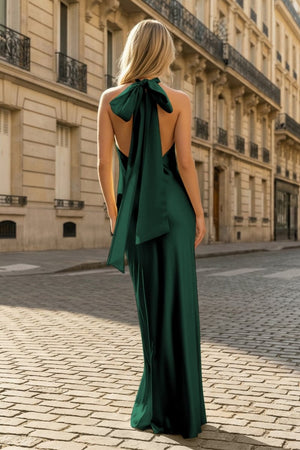 Yellow Halter Sheath Satin Backless Long Prom Dresses – Prom Dresses by KissProm | Available at KissProm
