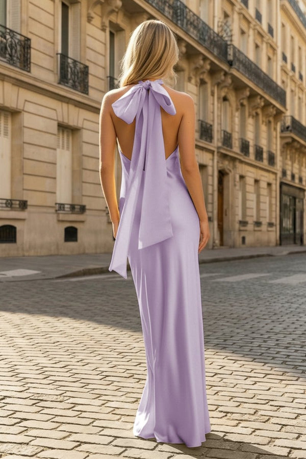 Yellow Halter Sheath Satin Backless Long Prom Dresses – Prom Dresses by KissProm | Available at KissProm