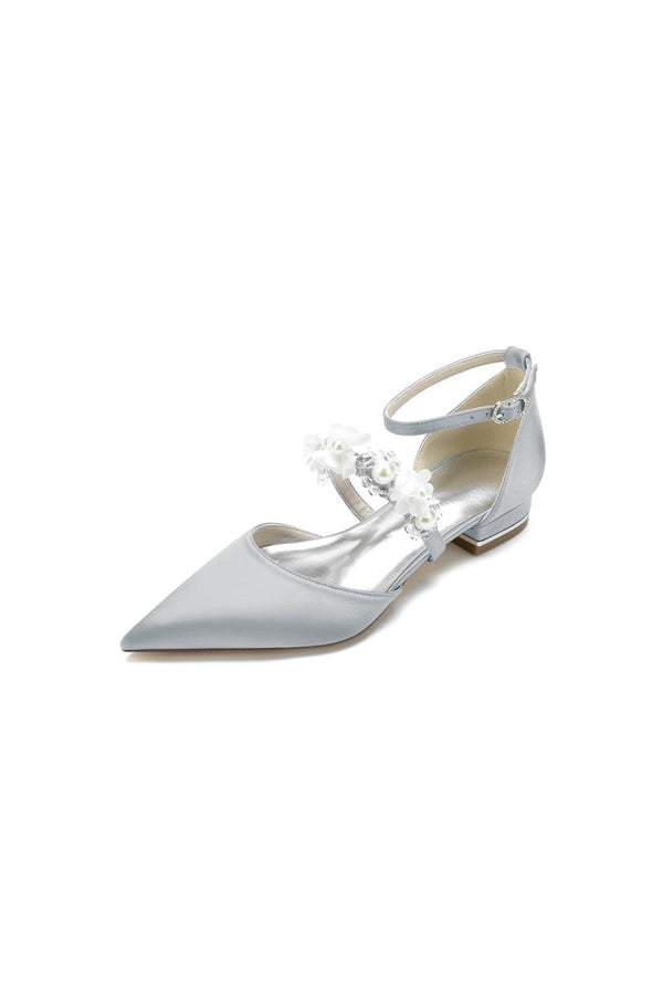 Flower Pearl Buckle Strap Pointed Toe Flats - KissProm