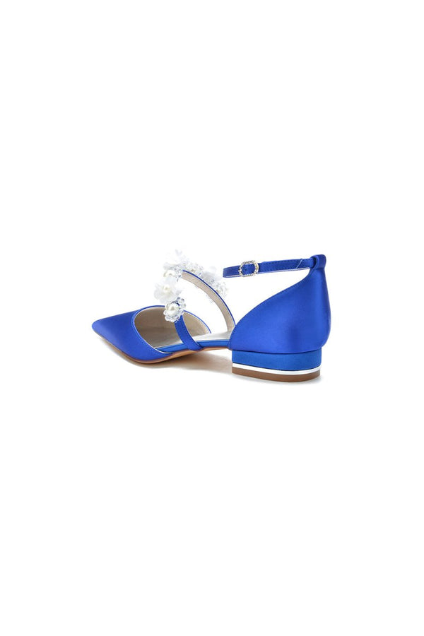 Flower Pearl Buckle Strap Pointed Toe Flats - KissProm