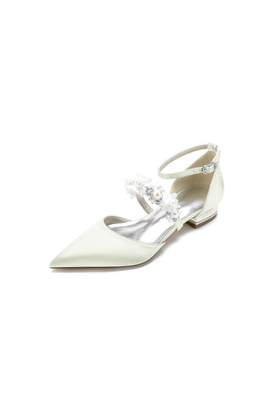 Flower Pearl Buckle Strap Pointed Toe Flats - KissProm