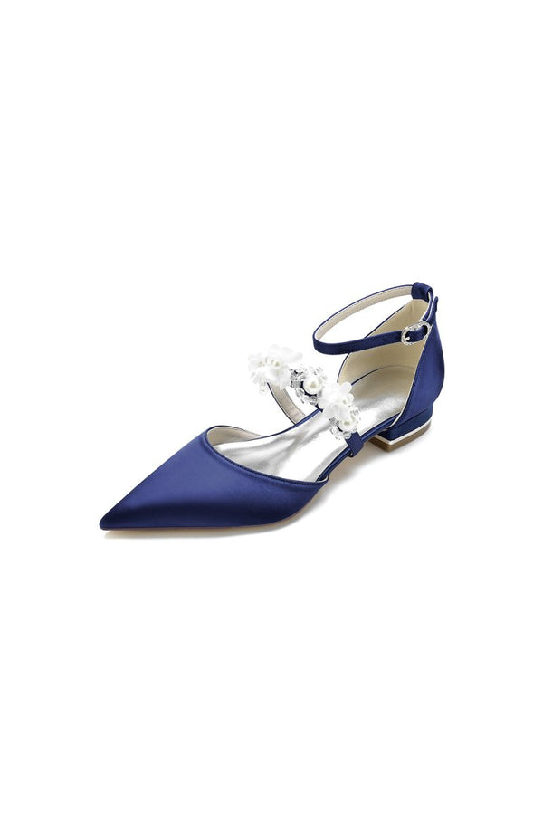 Flower Pearl Buckle Strap Pointed Toe Flats - KissProm