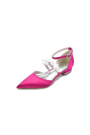 Flower Pearl Buckle Strap Pointed Toe Flats - KissProm