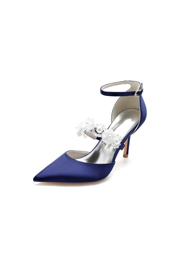 Flower Pearl Strap Pointed Toe High Heels - KissProm