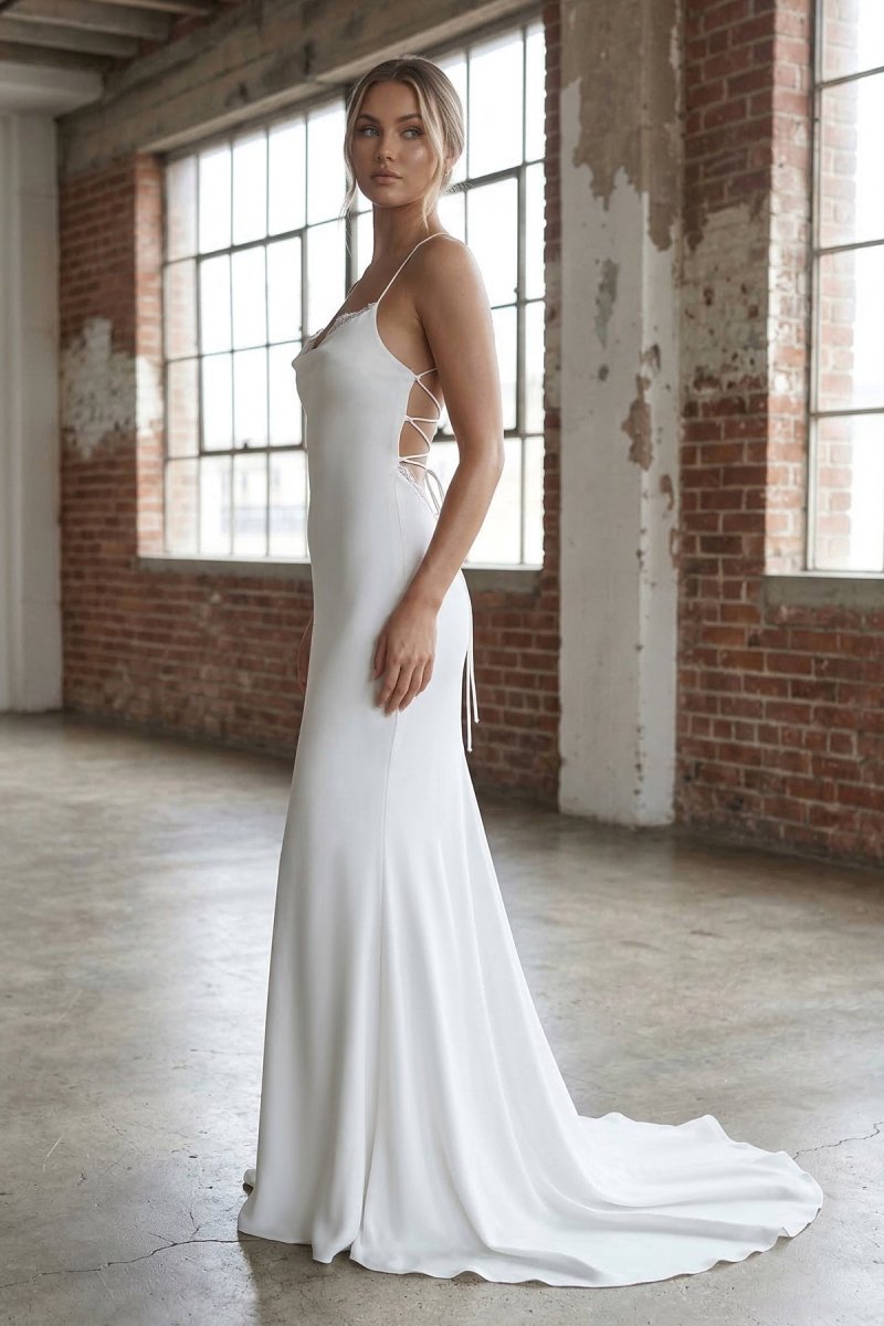 Mermaid Satin White Spaghetti-Straps Wedding Dresses With Lace-Up Back – Wedding Dress by Kissprom | Available at KissProm