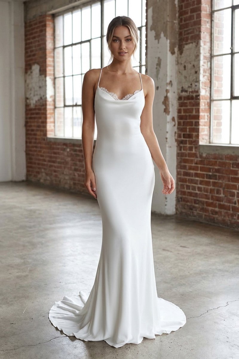 Mermaid Satin White Spaghetti-Straps Wedding Dresses With Lace-Up Back – Wedding Dress by Kissprom | Available at KissProm