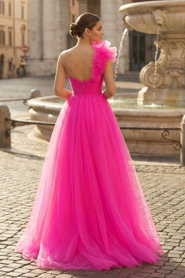 A - Line One Shoulder Long Tulle Prom Dress with Ruffles - KissProm