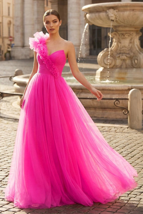 A - Line One Shoulder Long Tulle Prom Dress with Ruffles - KissProm
