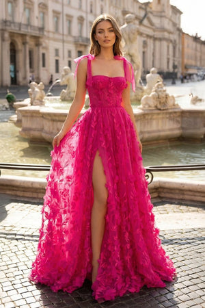 Fuchsia - Elegant A - line 3D Flower Tulle Prom Dress With Slit - KissProm