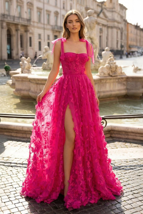 Fuchsia - Elegant A - line 3D Flower Tulle Prom Dress With Slit - KissProm