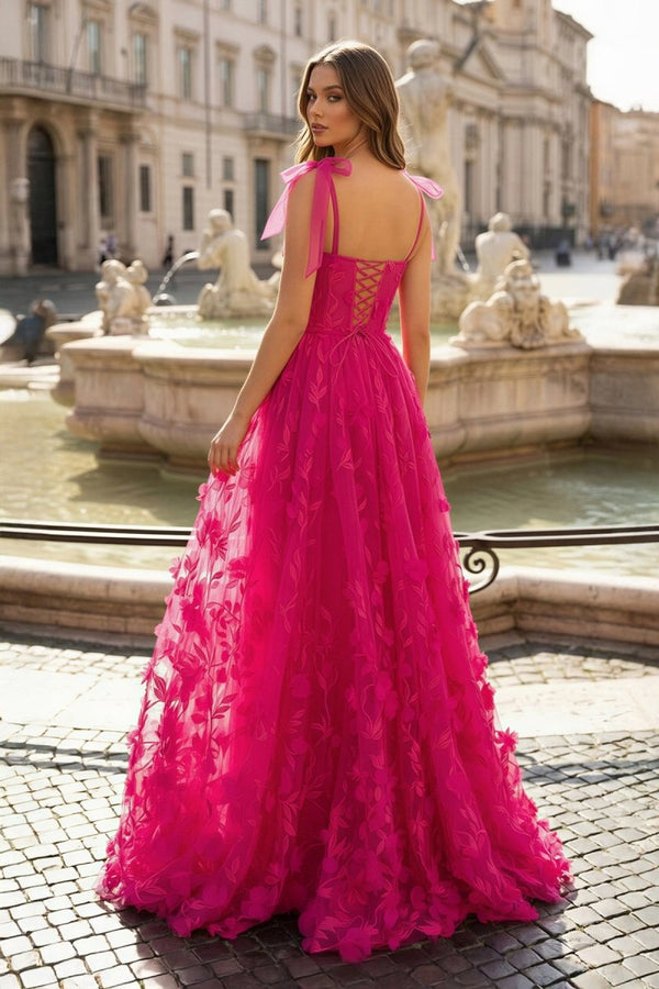 Fuchsia - Elegant A - line 3D Flower Tulle Prom Dress With Slit - KissProm