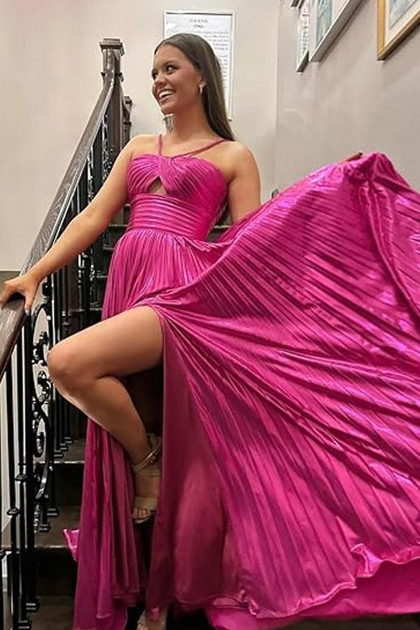 Metallic Keyhole Spaghetti Strap Long Prom Dress with Slit - KissProm
