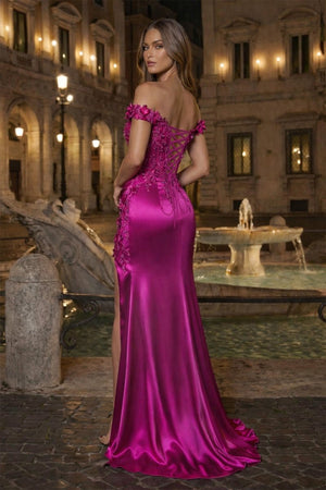 Burgundy Off The Shoulder Mermaid Beaded Satin Long Prom Dresses With Appliques – Prom Dress by KissProm | Available at KissProm