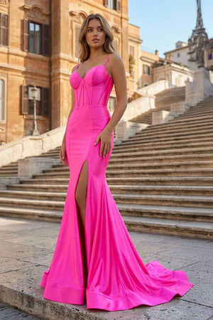 Fuchsia Satin Simple Mermaid Prom Dress - KissProm