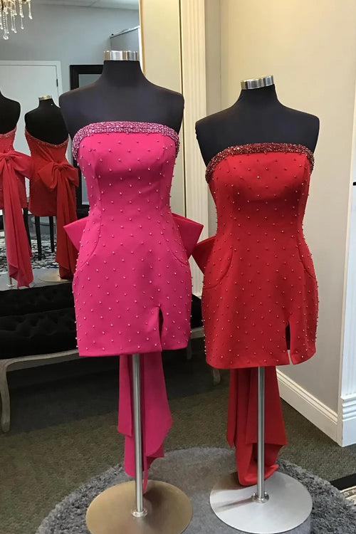 Fuchsia Strapless Beaded Bodycon Short Homecoming Dress with Bow - KissProm